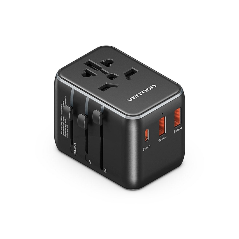 Chargeur de voyage universel Vention - 1xUSB-C, 2xUSB - 20W - Noir