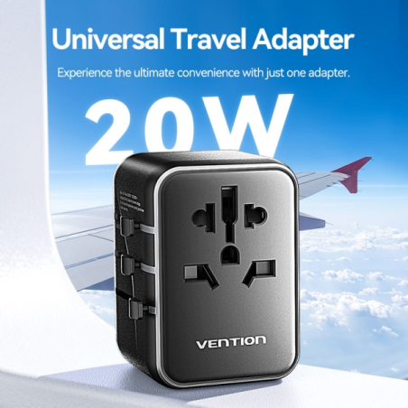 Chargeur de voyage universel Vention - 1xUSB-C, 2xUSB - 20W - Noir