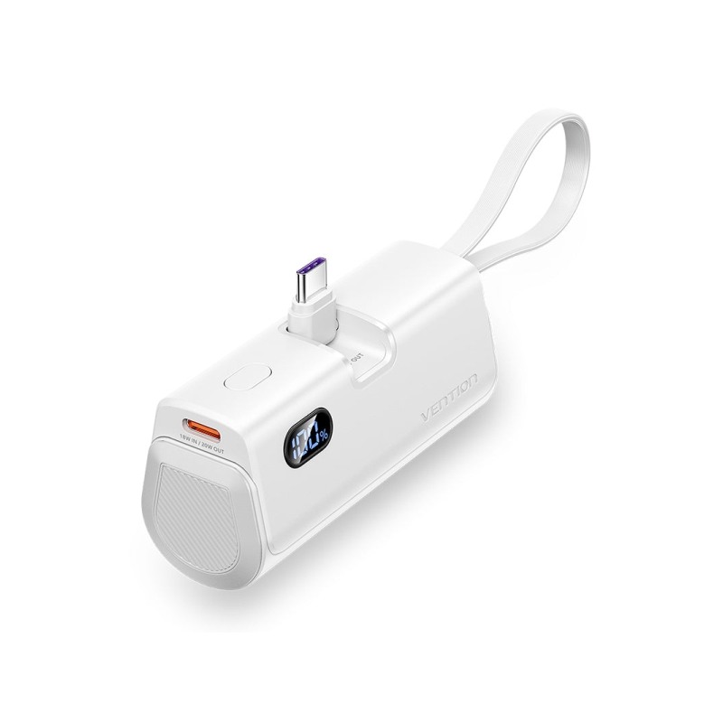 Batterie externe Vention 4800 mAh - USB-C - Charge rapide 22,5 W - Connecteur pliable - Blanc