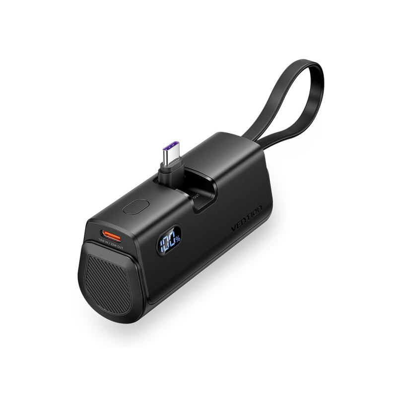 Batterie externe Vention 4800 mAh - USB-C - Charge rapide 22,5 W - Connecteur pliable - Noir