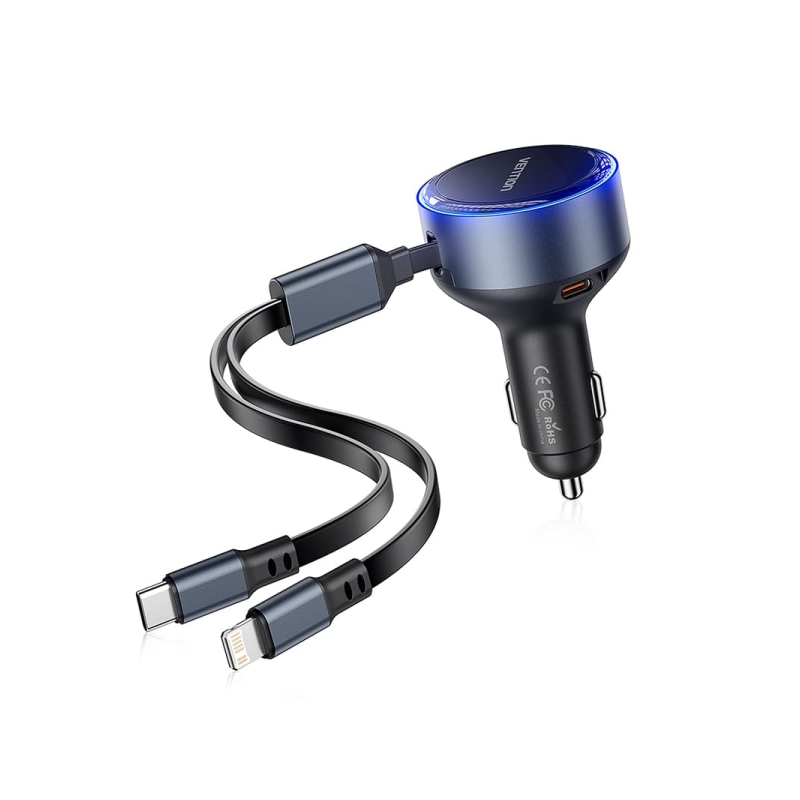 Chargeur de voiture Vention 30 W – USB-C mâle, USB-C femelle, Lightning – Charge rapide – Noir Chargeur de voiture Vention 30 W – USB-C mâle, USB-C femelle, Lightning – Charge rapide – Noir