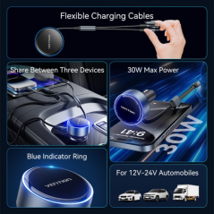 Chargeur de voiture Vention 30 W – USB-C mâle, USB-C femelle, Lightning – Charge rapide – Noir