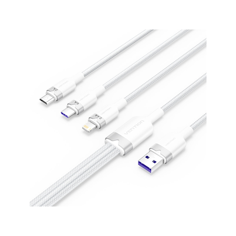 Câble Vention USB-A 2.0 vers USB-C, Lightning, Micro-B 6 A - 1,5 m - Tressé - Blanc