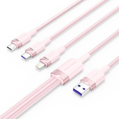 Câble Vention USB-A 2.0 vers USB-C, Lightning, Micro-B 6 A - 1,5 m - Tressé - Rose