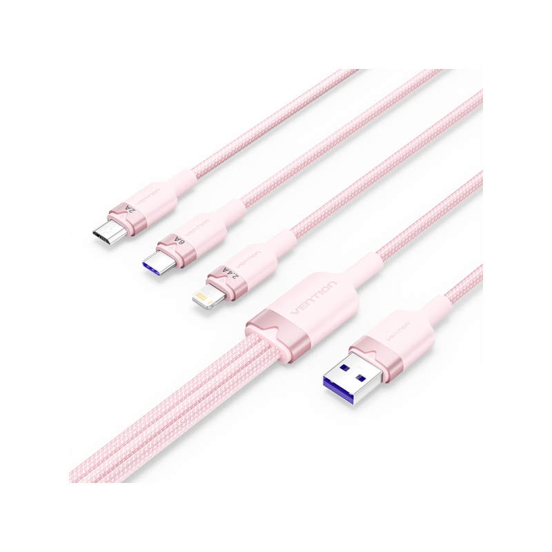 Câble Vention USB-A 2.0 vers USB-C, Lightning, Micro-B 6 A - 1,5 m - Tressé - Rose