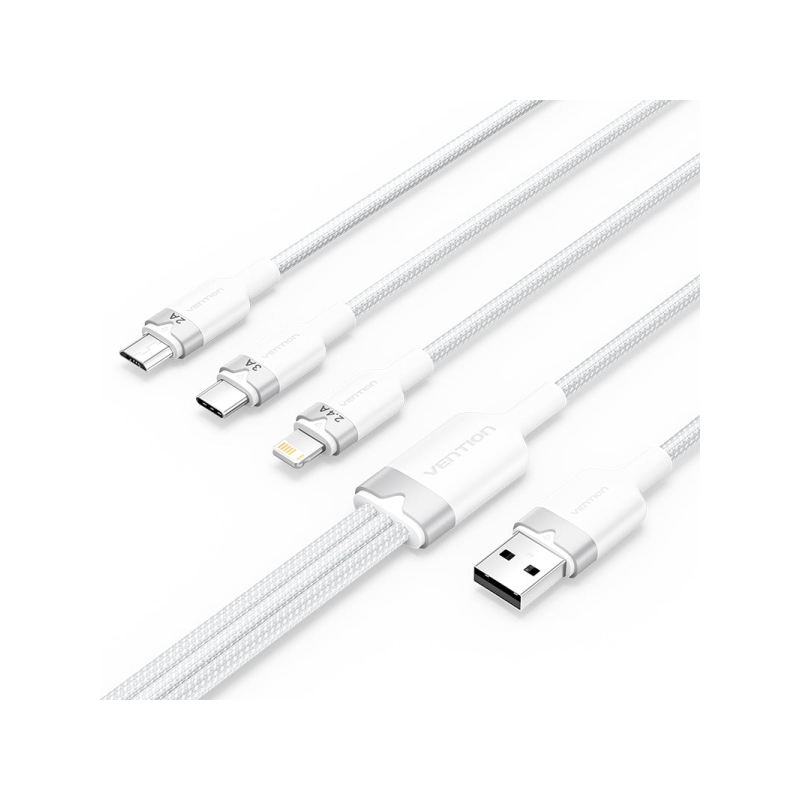 Câble Vention USB-A 2.0 vers USB-C, Lightning, Micro-B 3A - 1,5 m - Tressé - Blanc