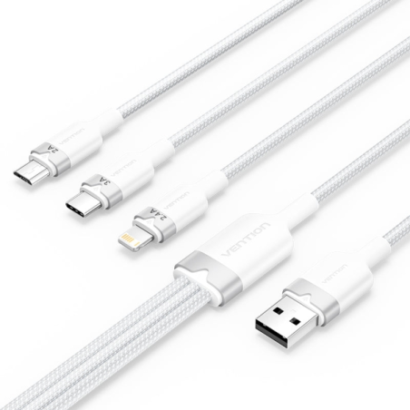 Câble Vention USB-A 2.0 vers USB-C, Lightning, Micro-B 3A - 1,5 m - Tressé - Blanc