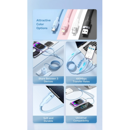 Câble Vention USB-A 2.0 vers USB-C, Lightning, Micro-B 3A - 1,5 m - Tressé - Blanc