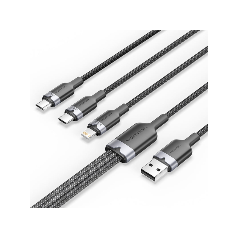 Câble Vention USB-A 2.0 vers USB-C, Lightning, Micro-B 3A - 1,5 m - Tressé - Noir