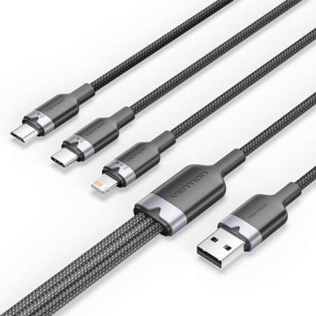 Câble Vention USB-A 2.0 vers USB-C, Lightning, Micro-B 3A - 1,5 m - Tressé - Noir