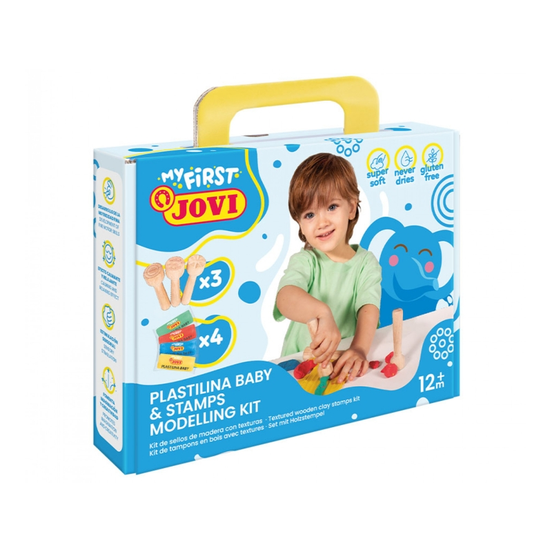 Kit de modelage en pâte à modeler Jovi My First avec 4 tablettes de pâte à modeler de 38 g + 3 tampons en bois - Super doux