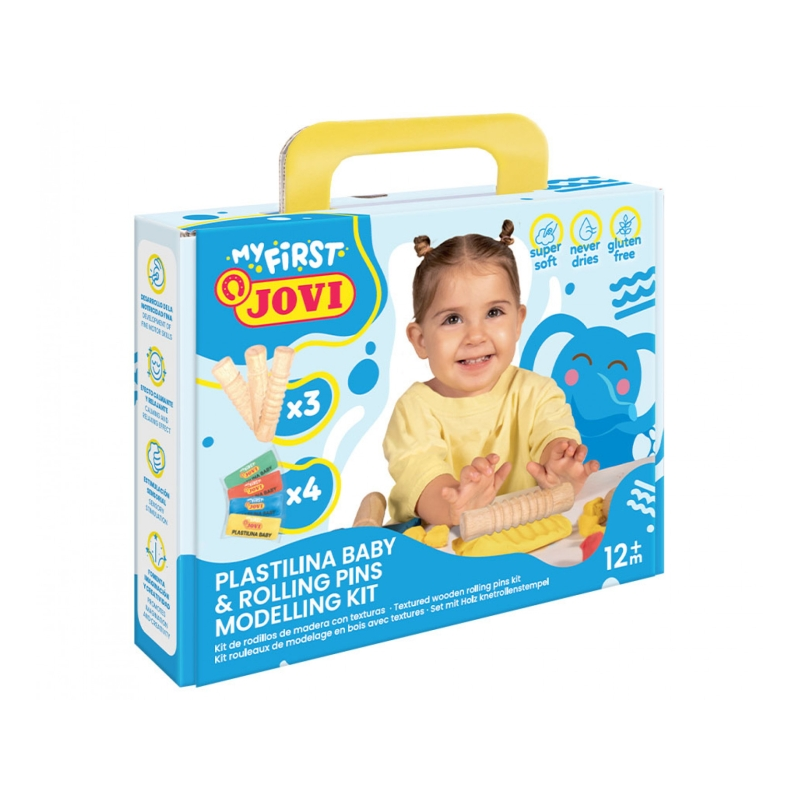 Jovi Mon premier kit de modelage en pâte à modeler avec 4 tablettes de pâte à modeler de 38 g + 3 rouleaux en bois - Super doux