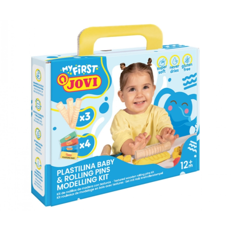 Jovi Mon premier kit de modelage en pâte à modeler avec 4 tablettes de pâte à modeler de 38 g + 3 rouleaux en bois - Super doux