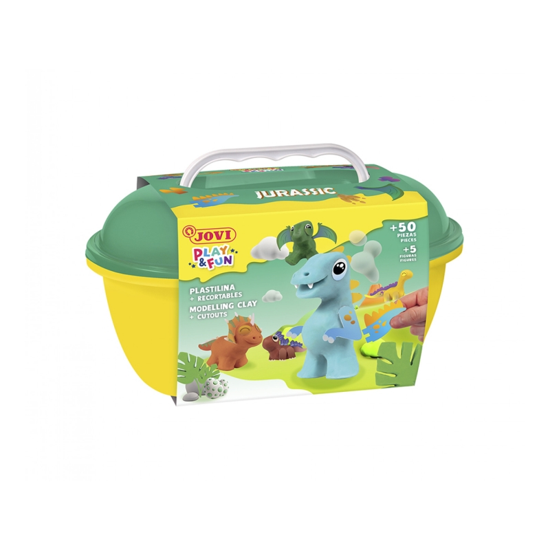 Coffre Jurassique Jovi Play & Fun avec 24 barres de pâte à modeler de 15 g + modeleurs + découpes - Sans gluten - Base végétale