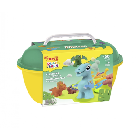 Coffre Jurassique Jovi Play & Fun avec 24 barres de pâte à modeler de 15 g + modeleurs + découpes - Sans gluten - Base végétale