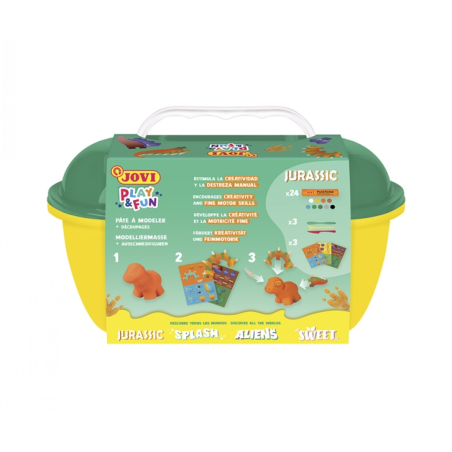 Coffre Jurassique Jovi Play & Fun avec 24 barres de pâte à modeler de 15 g + modeleurs + découpes - Sans gluten - Base végétale