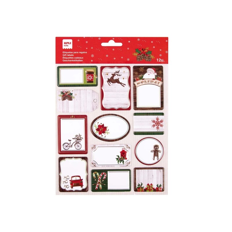 Apli Pack de 12 étiquettes adhésives de Noël pour cadeaux - Tailles et designs assortis - Espace pour écrire