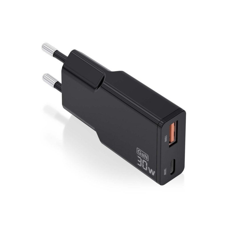 Chargeur GaN ultra fin Aisens 30 W - 1 x USB-C PD3.0 QC4.0 - 1 x USB-A QC3.0 - Noir