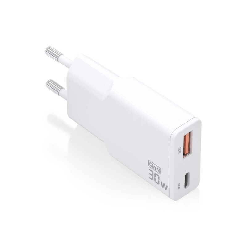 Chargeur GaN ultra fin Aisens 30 W - 1 x USB-C PD3.0 QC4.0 - 1 x USB-A QC3.0 - Blanc