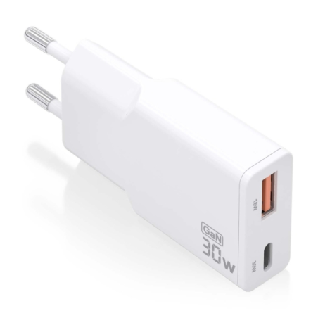 Chargeur GaN ultra fin Aisens 30 W - 1 x USB-C PD3.0 QC4.0 - 1 x USB-A QC3.0 - Blanc