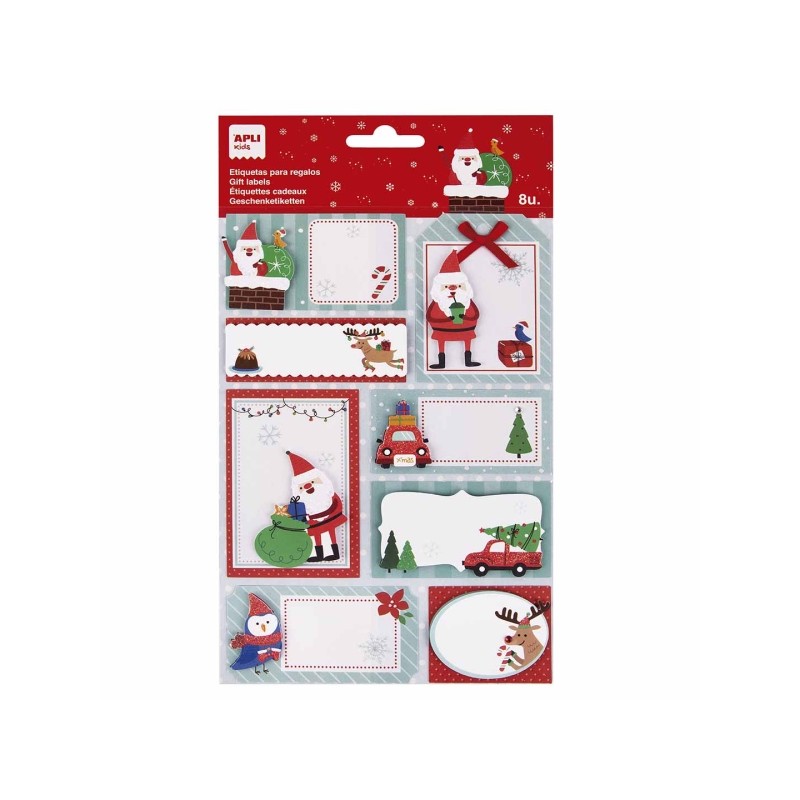 Apli Pack de 8 étiquettes adhésives de Noël pour cadeaux - Tailles et designs assortis - Espace pour écrire