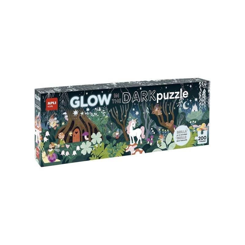 Apli Puzzle Fluo Glow in the Dark de 200 pièces 6x5 cm - Thème Forêt Magique - Effet Fluorescent qui Révèle des Dessins Cachés