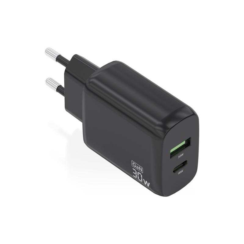 Chargeur Aisens GaN 30W - 1xUSB-C PD3.0 QC4.0 - 1xUSB-A QC3.0 - Noir