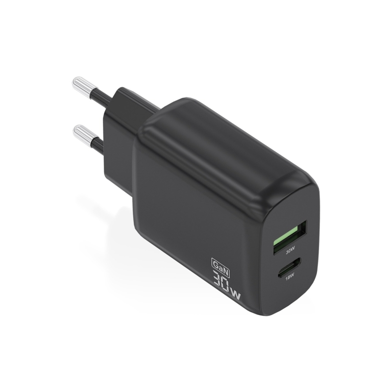 Chargeur Aisens GaN 30W - 1xUSB-C PD3.0 QC4.0 - 1xUSB-A QC3.0 - Noir