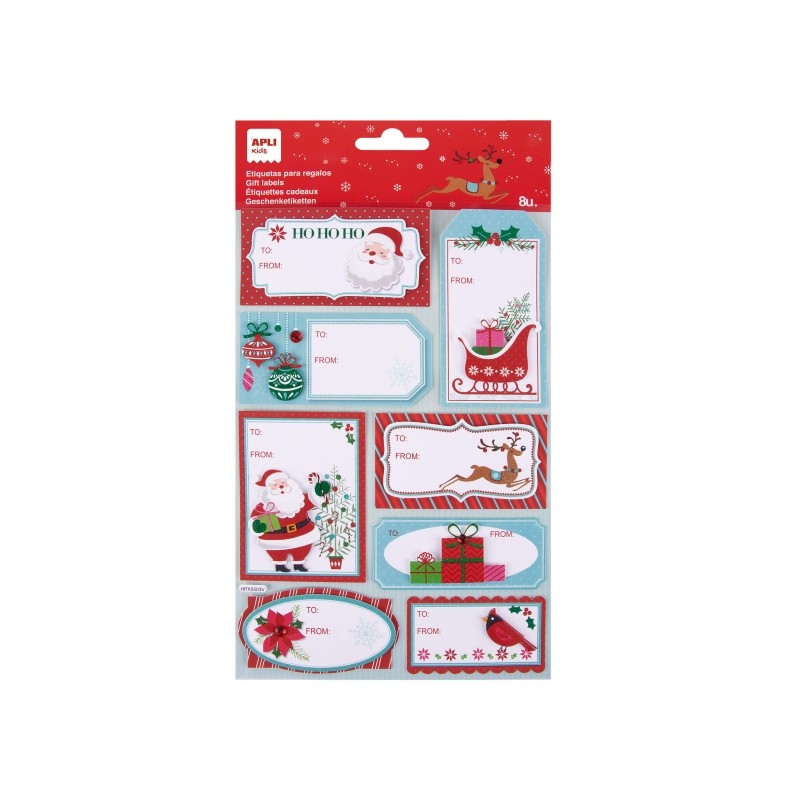 Apli Pack de 8 étiquettes adhésives de Noël pour cadeaux - Tailles et designs assortis - Espace pour écrire