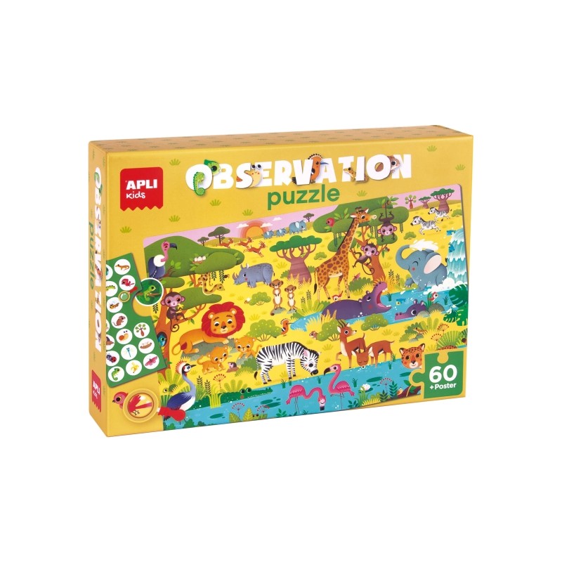 Puzzle Apli Junior Observation de la Jungle de 60 pièces de 6x6 cm - Comprend un poster et 1 carte avec différents objets