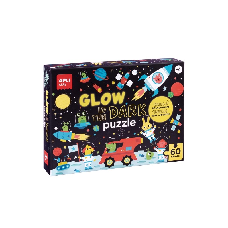 Apli Puzzle Fluorescent de 60 Pièces 6x6cm - Thème Espace - Effet Fluorescent qui Révèle des Dessins Cachés - Poster pour un