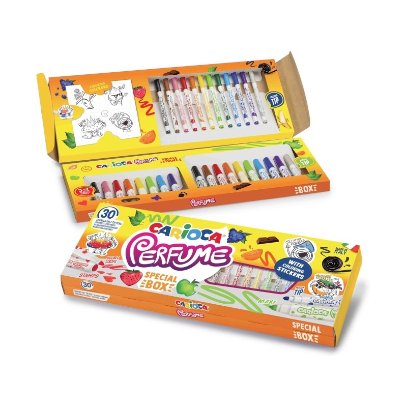 Carioca Parfum Pack de 30 Feutres Parfumés - 12 Pointe Moyenne, 10 Maxi Pointe et 8 Maxi Pointe et Pointe avec Tampons - Idéal