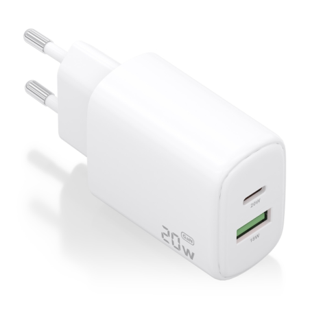 Chargeur Aisens GaN 20W - 1xUSB-C PD3.0 - 1xUSB-A QC3.0 - Blanc rapide