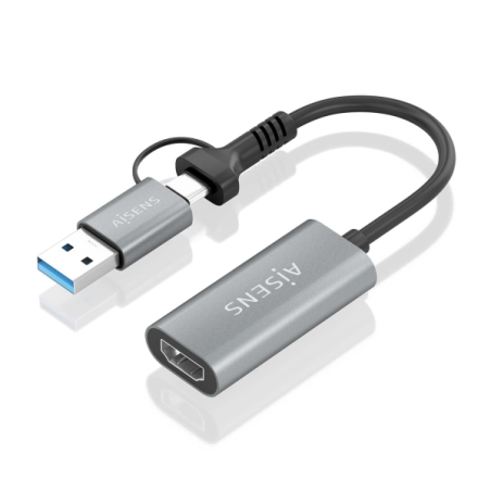 Convertisseur USB-A+USB-C vers HDMI Aisens Aluminium 1080P@60HZ - USB-A/M+USB-C/M-HDMI/H - 15cm - Gris