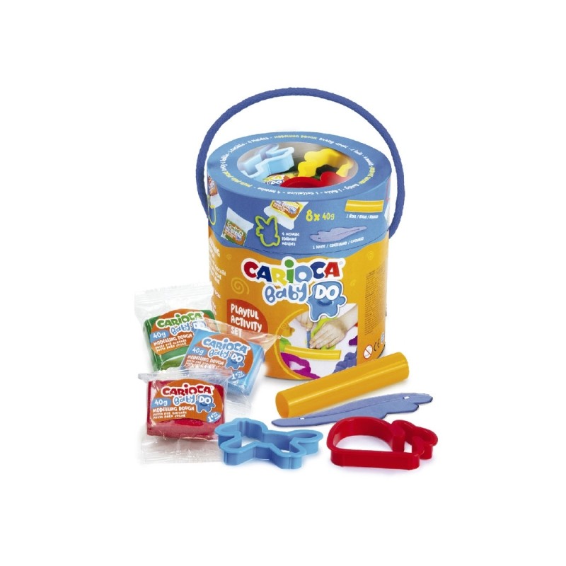 Carioca Baby Do Pack avec 8 Pastilles de Pâte à Modeler 40gr + 4 Moules + 2 Outils - Pot Pratique avec Poignée - Couleurs