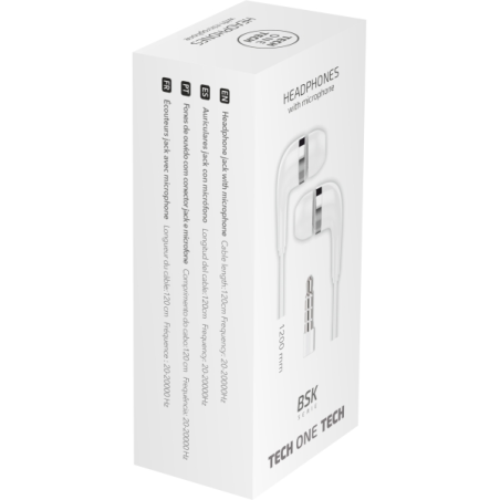 Casque TechOneTech BSK avec Microphone Intégré - Connexion Jack 3,5 mm - Assistant Vocal - Câble 1,20 m - Couleur Blanc
