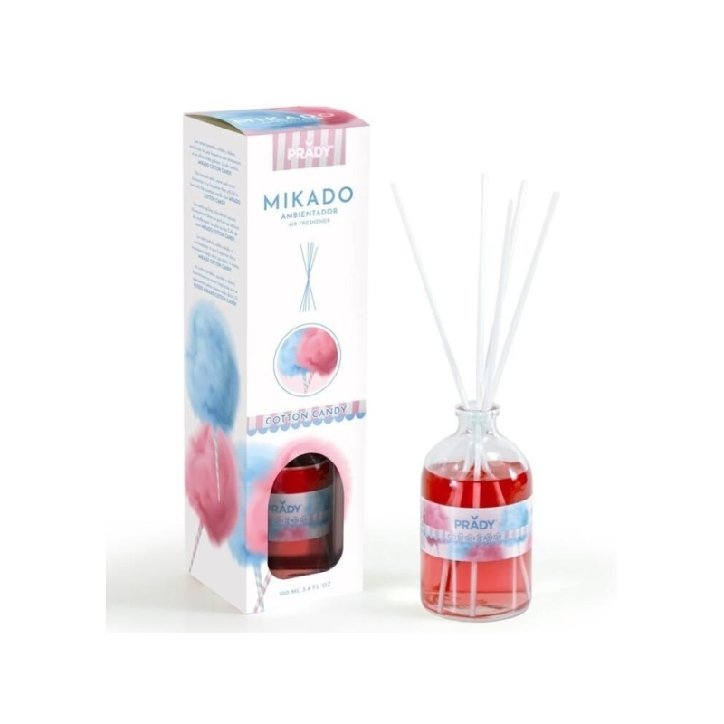 Désodorisant Prady Cotton Candy Mikado - Bouteille en verre de 100 ml et baguettes de diffusion