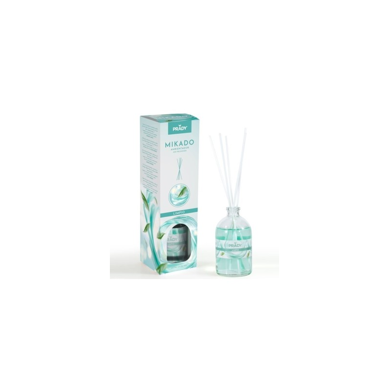 Désodorisant Prady Clean Mikado - Bouteille en verre de 100 ml et baguettes de diffusion