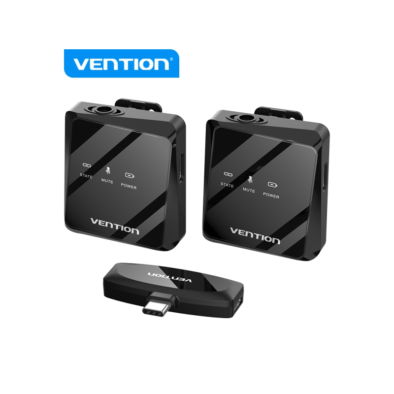 Microphone Clip Sans Fil Vention USB-C - Qualité Audio 32 kHz - Latence 20 ms - Batterie 26h - Portée 50m - Suppression du