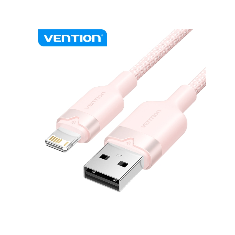Câble de Charge USB-A/Lightning Vention - Aluminium et Coton Tressé - 480Mbps - 2,4A - 2m - Couleur Rose