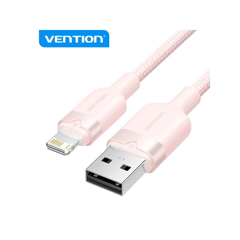 Câble de Charge USB-A/Lightning Vention - Aluminium et Coton Tressé - Transfert 480Mbps - Alimentation 2,4A - Couleur Rose