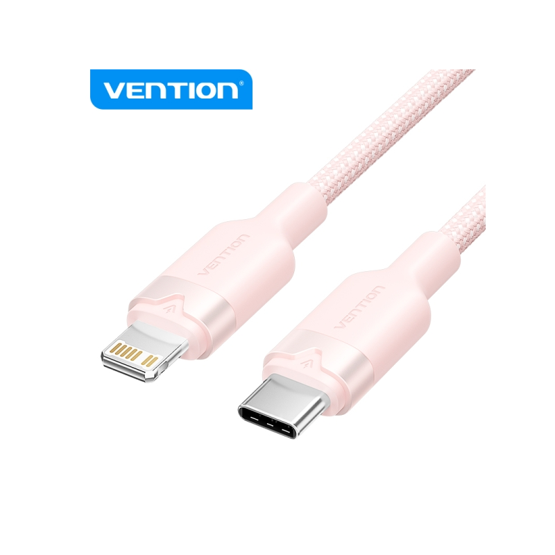 Câble de Charge USB-C/Lightning Vention - Aluminium Tressé - 480Mbps - 3A - 27W Max - 2m - Couleur Rose