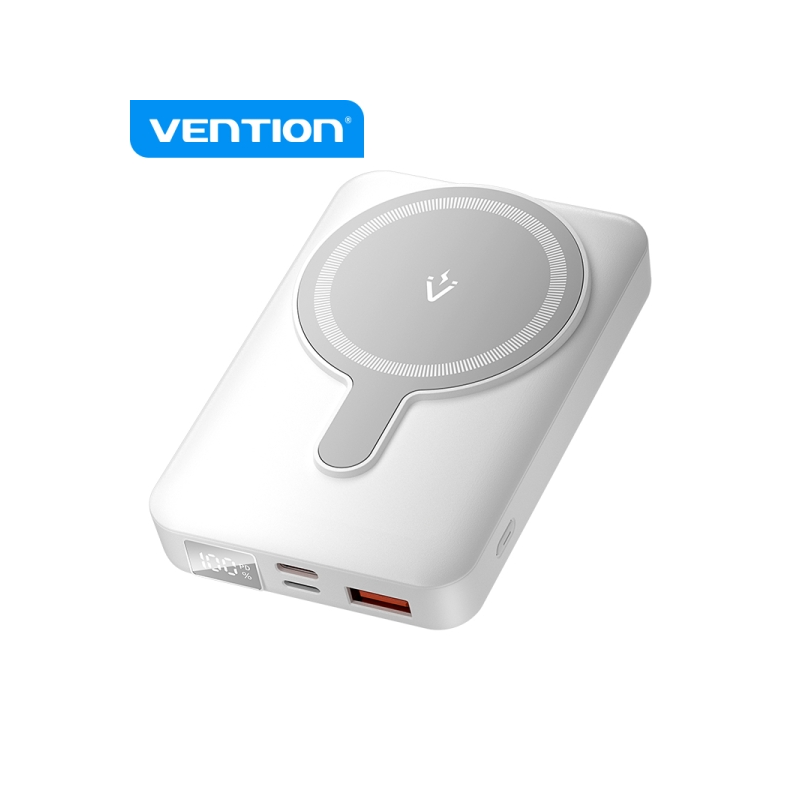 Vention Powerbank Magnétique Sans Fil 10000 mAh - Écran LED - Charge Rapide 22,5 W - USB-C/Lightning/USB-A - Couleur Blanc