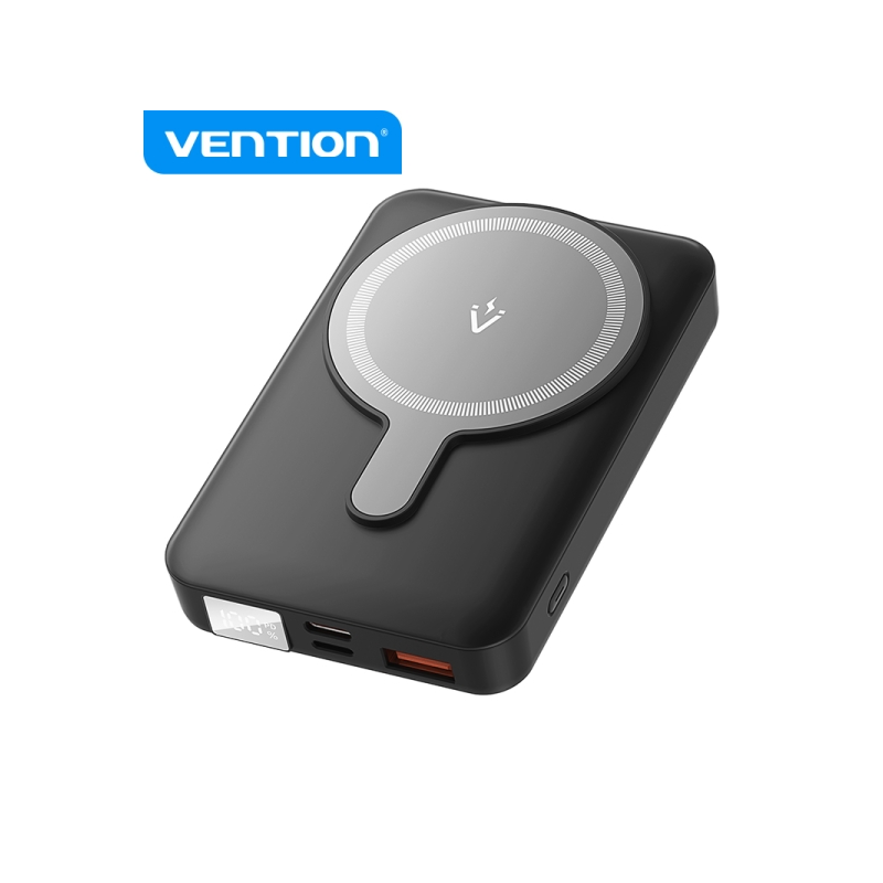 Vention Powerbank Magnétique Sans Fil 10000 mAh - Écran LED - Charge Rapide 22,5 W - USB-C/Lightning/USB-A - Couleur Noir