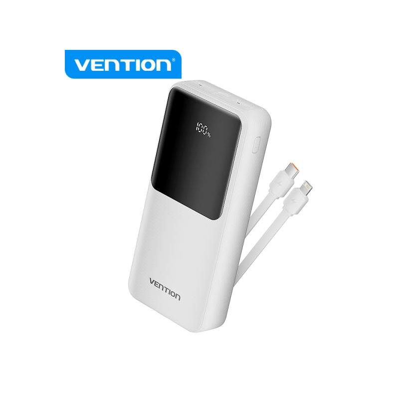 Vention Power Bank 20 000mAh - Plusieurs interfaces USB - Chargement rapide - Câble USB-C inclus - Couleur Blanc