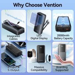 ✅ Vention Power Bank 20 000mAh - Plusieurs interfaces USB - Chargement rapide - Câble USB-C inclus - Couleur Bl en stock