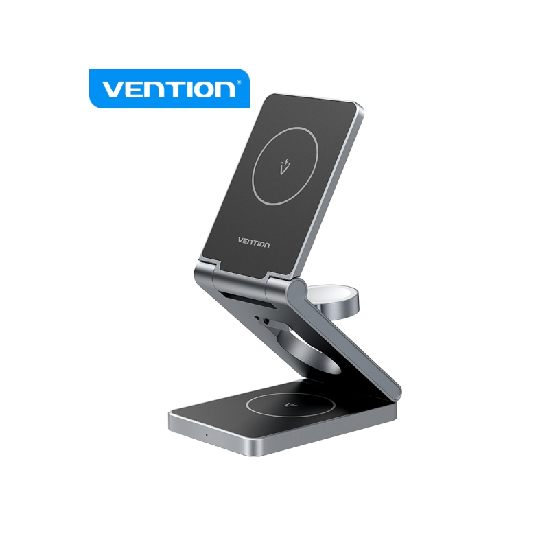 Support de Chargeur Sans Fil MagSafe 3 en 1 Vention - Chargement Rapide 15W - Pliable à 180° - Couleur Noir