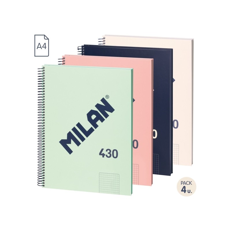 Série Milan 1918 Pack de 4 Cahiers à Spirale Format A4 Grille 5x5mm - 80 Feuilles de 95 gr/m2 - Micro-perforés, 4 Trous