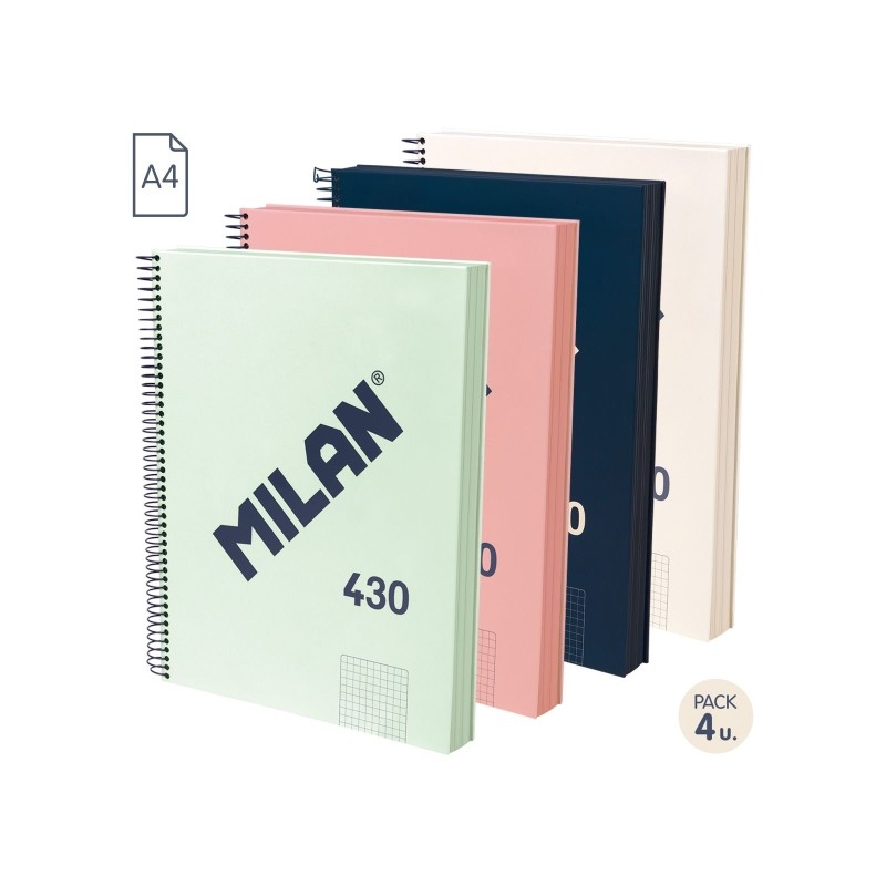 Milan Serie 1918 Pack de 4 Cahiers à Spirale Format A4 Grille 5x5mm - 120 Feuilles de 95 gr/m2 - Micro-perforées, 4 Trous