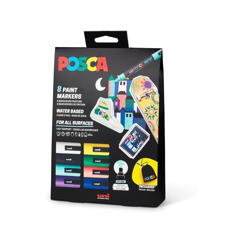Posca Edition Limitée Pack de 8 Marqueurs Peinture PC5M + Sac Cadeau en Tissu - Pointe Arrondie 1,8-2,5 mm - Encre à Base d'Eau